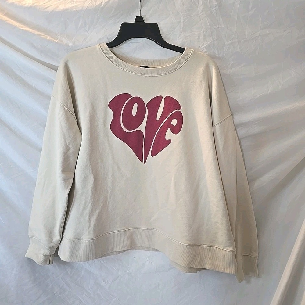 J Crew University Terry "Love" Heart Sweatshirt Cream  Sz M Boho Hippie Oversize